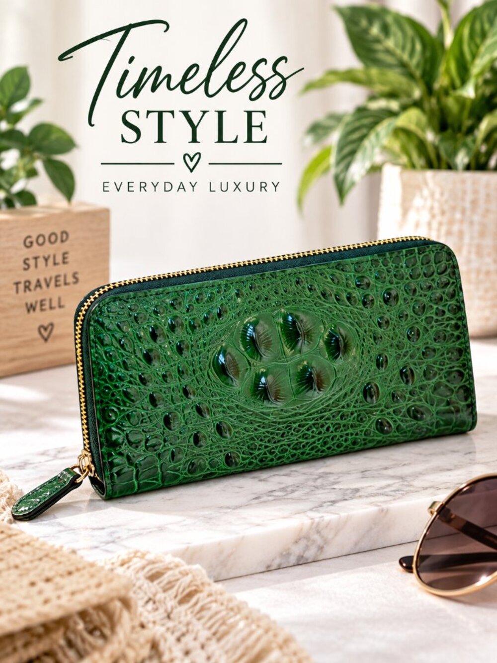 NWT Green Croc Embossed Vegan Leather Zip Wallet Wristlet 8 Card Slots